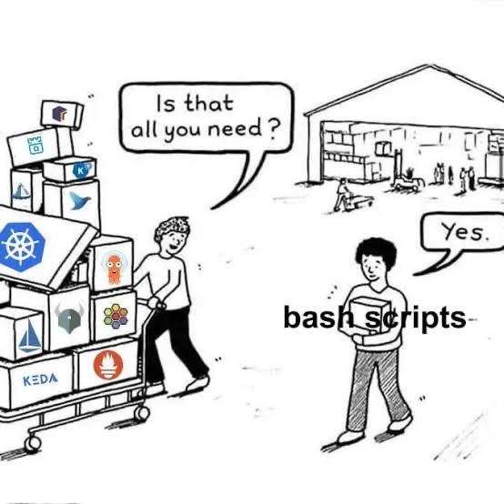 A person carrying a small box labeled "Bash Scripts" walking alongside another person with an overflowing cart full of product emblems who asks them "Is that all you need?" and they reply "yes."